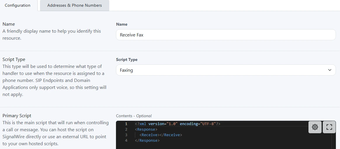 The cXML script editor showing the faxing configuration option
selected.